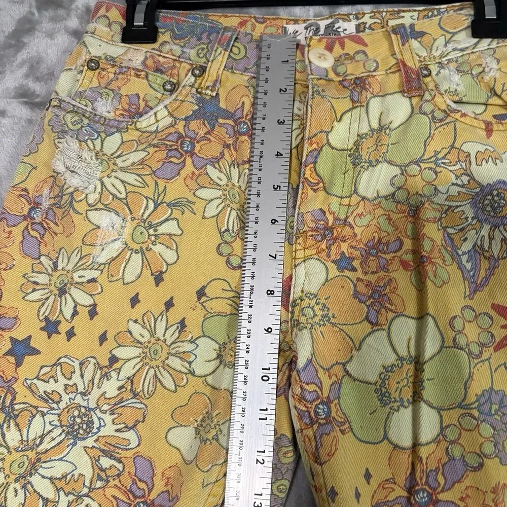 We The Free Yellow Floral Denim Distressed Bermuda Shorts 27 Free People Boho